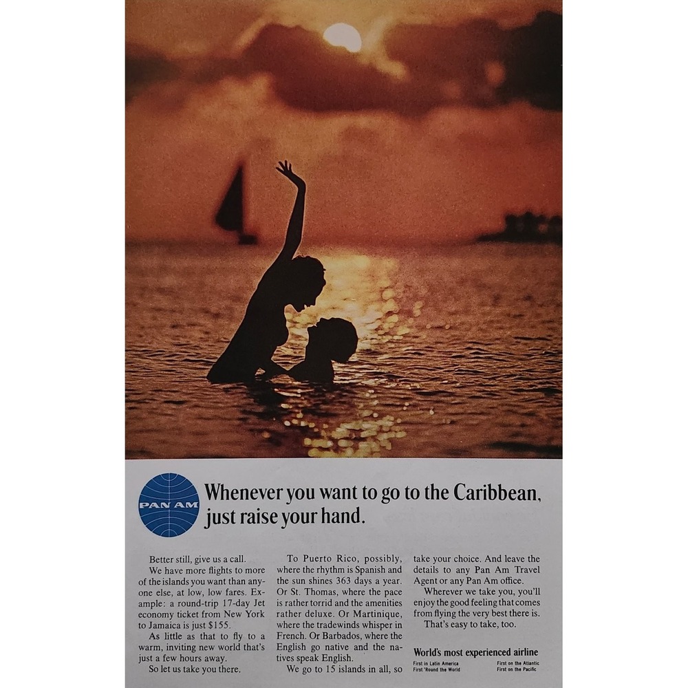 Pan Am Vintage 1966 Caribbean Travel Magazine Ad Print Ephemera MCM Airline Art